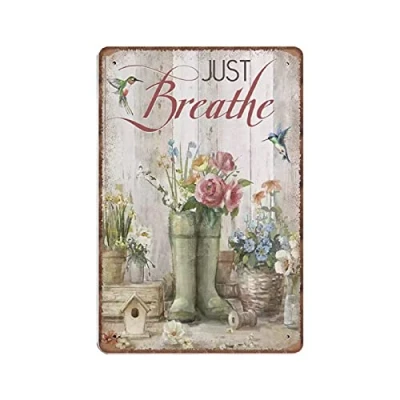 Image of DAIERCY Hippie Tin Signs Hummingbird Wild Flower Just Breathe Funny Vintage Metal Sign Plaqu Poster Wall Art Pub Bar Kitchen Garden Bathroom Home Decor, 140x200 mm