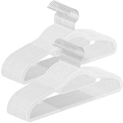 Image of SONGMICS Coat Hangers, Pack of 50, Heavy Duty Plastic Non Slip, Space Saving Clothes 0.5 cm Slim, 42 Wide, 360 Swivel Silver Hook, White CRP020W05
