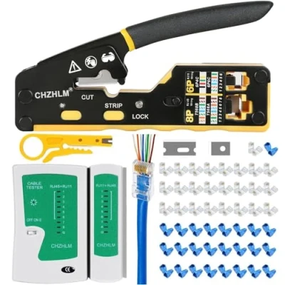 Image of RJ45 Crimp Tool Kit Pass Through Crimper Ethernet Crimping Stripper Cutter All in One for 8P Cat5 Cat6 6P RJ11/12 Telephone Connectors with Cable Tester