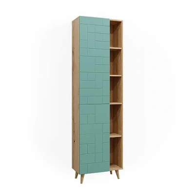 Image of Vicco Bathroom cabinet Rudi, Mint green/Oak, 56 x 193 cm with doors, and open compartments