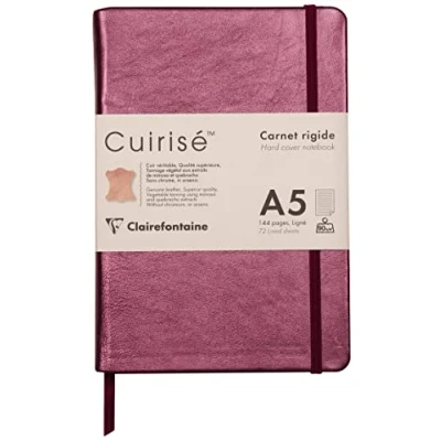 Image of Clairefontaine Ref 400100C Cuirise Hard Cover Notebook (72 Sheets) A5 Size, 90gsm Vellum Paper, Lined Rulings, Pocket for Loose Documents, Lambskin Cherry