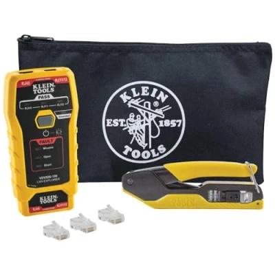 Image of Klein Tools VDV026 813 RJ45 Ethernet Cable Tester and Crimper Kit, Pass Thru Technology, Includes Connectors for Cat5e / CAT6 Data Applications, Pack of 50
