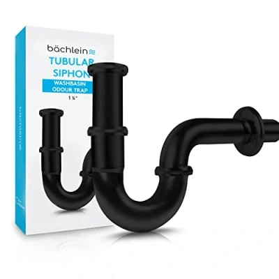 Image of Bächlein Premium Universal Siphon for Washbasin (Standard 85mm Black) Odour Trap incl. Rubber Sleeve + Installation Instructions Tubular