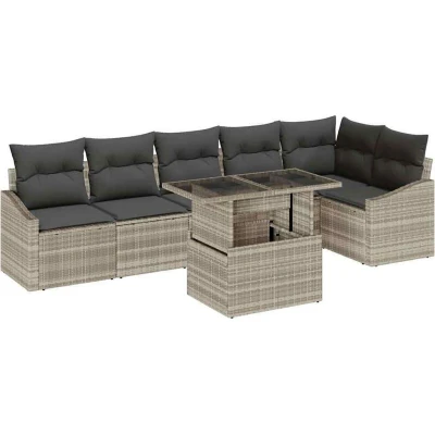 Image of vidaXL 7 Piece Garden Sofa Set with Cushions Light Grey Poly Rattan