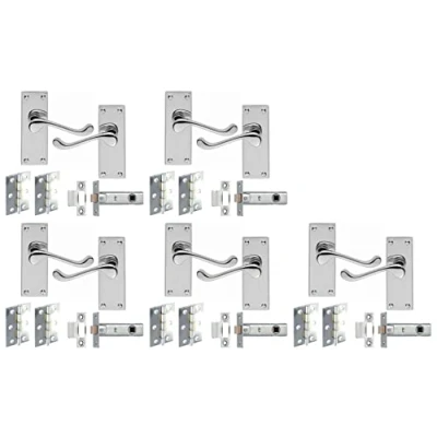 Image of Haven Heritage Door Handles Internal Sets Victorian Scroll Lever Latch Polished Chrome with Tubular &amp; Hinges, 118mm x 40mm Back Plate 5 Pairs