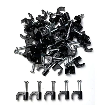 Image of TR Cable® Pack of 50 Round Black Cable Clips with Strong Nails Durable &amp; Versatile Ideal for Indoor/Outdoor Management, 6mm