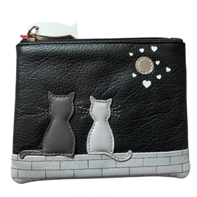 Image of Premium Leather Black &amp; Grey Cat Coin Purse by Mala Midnight Collection 4231 (Black)