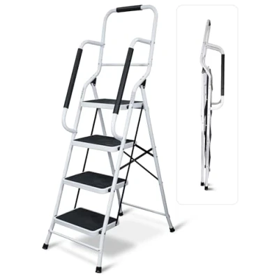Image of Aidapt 4 Stepladder with Dual Handrails, Folding, Space Saver, Extra Wide Rubber Treads, Non Slip Feet, Durable Steel, for Home DIY, Gardening, Workplace, Kitchen Step Stool,
