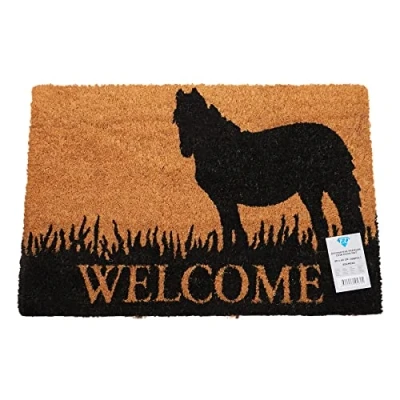 Image of Natural Coir Mat Printed Patterned Dirt Trapper Indoor/Outdoor Door Welcome Non Slip PVC Backed Doormat 60cm x 40cm (Welcome Horse)