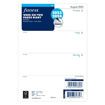 Image of Filofax A5 week on two pages mid year diary August 23 July 24,White