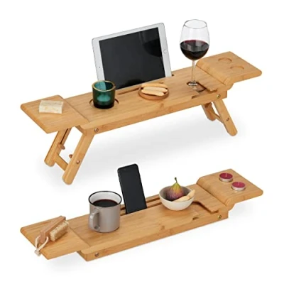 Image of Relaxdays Bathtub Tray, Bamboo, 70 cm Wide, Caddy, Holder for Wine Glass, Phone &amp; Tablet, Over Bath Rack, Board, Natural