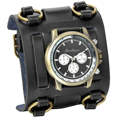 Image of JewelryWe Birthday Gift for Him Hip hop Gothic Leathernk Style Mens Wrist Watch 74MM Wide Black Leather Cuff Watches
