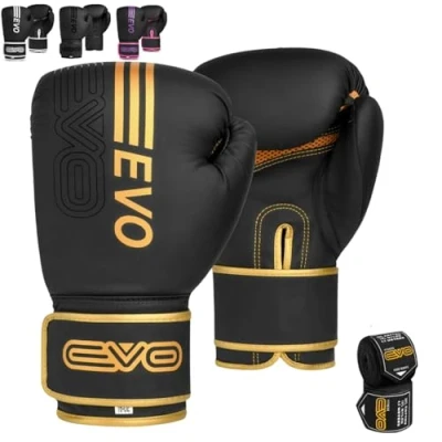 Image of EVO Fitness Matte Black Boxing Gloves Men Punch Bag Women Pink MMA Muay Thai Martial Arts Kick Sparring Training Fighting With Hand Wraps (16 OZ, Golden)