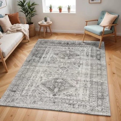 Image of Livabliss Habana Vintage Rug Area Rugs for Living Room 120x170 cm, Bedroom Scandi Neutral Rug, Traditional Patterned Boho Style, Natural Easy Care Pile Large Grey and White
