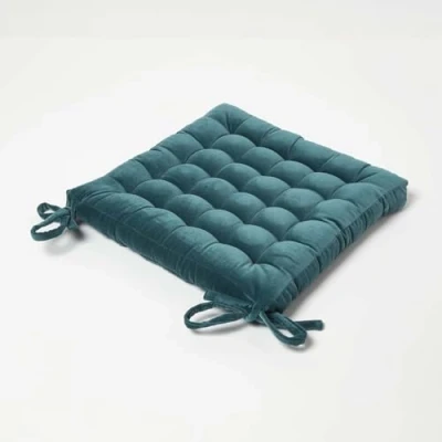 Image of HOMESCAPES Teal Green Velvet Seat Pad for Dining Chair 40 x cm Super Soft 100% Cotton Quilted with Straps Indoor &amp; Outdoor Garden Use Lasting Comfort Support