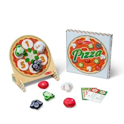 Image of Melissa &amp; Doug Wooden Double Sided Pizza Topping Toss Games for 1 or 2 Players Bean Bag Target Game, Bingo, Tic Tac Toe, Matching, Number, Motor Skills Activity Toy Kids Ages 3+
