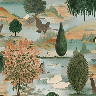 Image of Holden Swan Lake Wallpaper Modern for Living Room, Bedroom, Fireplace Decorative Luxury Nature Wall Paper with Beautiful White Swans &amp; Foliage (Orange Green)