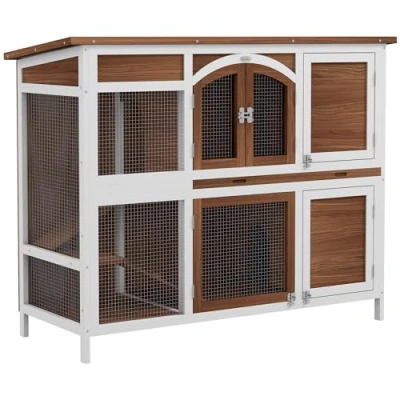 Image of PawHut Two Tier Wooden Rabbit Hutch Guinea Pig Cage w/Openable Roof, Slide Out Tray, Ramp Brown