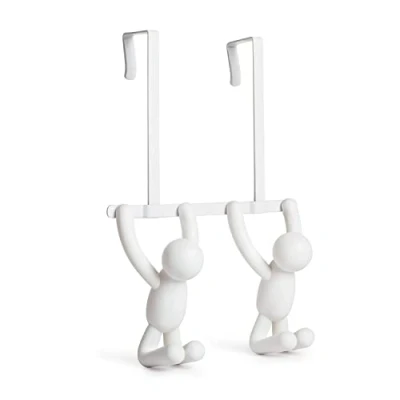 Image of Umbra 1004260 660 Buddy door coat rack with double hooks, plastic, white, 21.6 x 30.5 10.8 cm