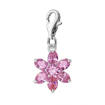 Image of Quiges Crystal Pink Pear Cubic Zirconia Flower Clip On Charm Pendant Silver Plated Women&#039;s Jewellery