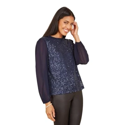 Image of Yumi Navy Sequin Top with Sheer Sleeves 14 UK