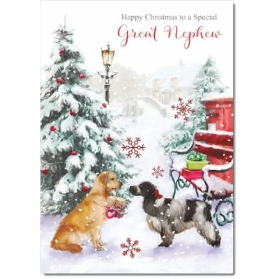 Image of doodlecards Great Nephew Christmas Card Two Dogs in Snow Medium Size Plain Red Envelope, 21 x 15cm