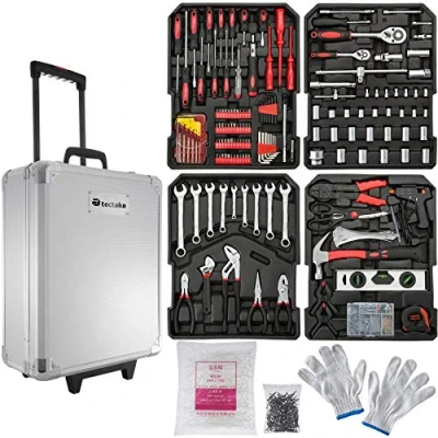 Image of tectake® Portable Tool Box Trolley, 599 Piece Kit, with Aluminium Case, 4 Levels &amp; Wheels. Essential DIY Tools Set, Home Office Hand Tools, Mechanic Spanner Organiser Improvement Kit