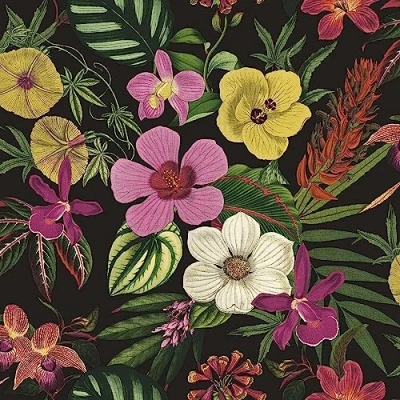 Image of SOPHIE LAURENCE Floral Orchid Wallpaper Pink Yellow Exotic Tropical Palm Leaves Smooth Textured, Washable, Strippable Paste The Paper Feature (Black, Sample)