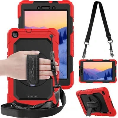 Image of TECHGEAR UTILITY Case fits Samsung Galaxy Tab A 8.0 2019 8&quot; (SM T290 / SM T295) Tough Rugged HEAVY DUTY Armour Shockproof with 360 Rotating Stand, Hand Strap and Shoulder Red