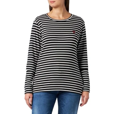 Image of Kaffe Women&#039;s t Shirt Long Sleeves Slim Fit Crew Neck Striped Tee Embroidered Shirt, Black/Chalk Red Heart,