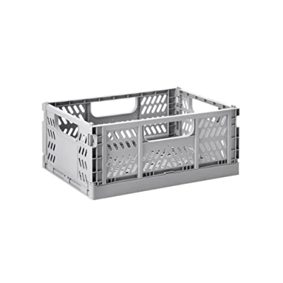 Image of 3 Sprouts Recycled Plastic Collapsible Crate Stackable Foldable Storage Box for Easy Organizing, Durable Folding Home or Office Use Medium Light Grey