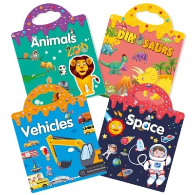 Image of GUYUCOM 4 Pack Reusable Sticker Books, Toys for Age 3 4+ Year Old Kids Boys Girls Toddlers, 3D Clear Animal Space Vehicles Dinosaur Book Educational Learning Toy Birthday Gifts