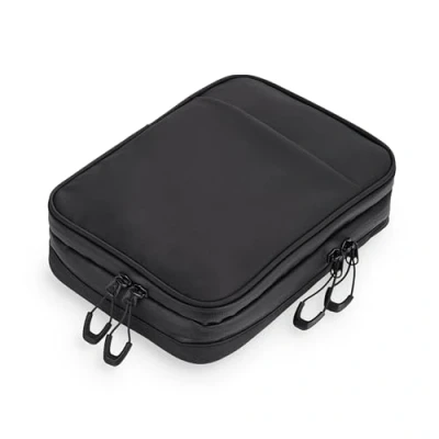 Image of Cable Organizer with 2 Zipped compartments TROIKA Black Connected Inner mesh Pockets and Elastic Straps for Accessories (Every Day Carry) Pen Loop 1 Outer Compartment