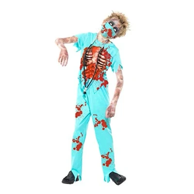 Image of Smiffys Zombie Surgeon Costume, Blue with Bloodied Trousers, Top, Mask &amp; Stethoscope, Halloween Child Fancy Dress, Dress Up Costumes