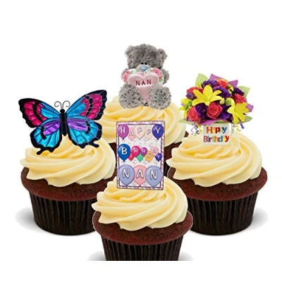 Image of Made4You Happy Birthday Nan Edible Cupcake Toppers Stand up Wafer Cake Decorations (Pack of 12)