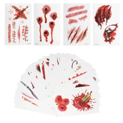 Image of Tabanzhe Halloween Scar Tattoos 24 Sheets Zombie Fake Scab Blood Temporary Tattoo Sticker Kit for Face,Halloween Scary Costume Makeup Props Cosplay Party Masquerade Decor