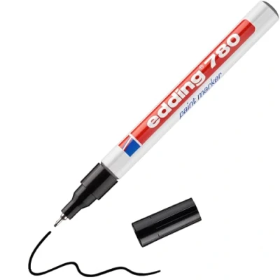 Image of edding 780 paint marker black 10 pens round tip 0.8 mm for marking and labelling metal, glass, rocks or plastic heat resistant, permanent, smudge proof waterproof