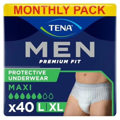 Image of TENA Men Protective Underwear, Large, Level 4 for Heavy Bladder Weakness, 40 pairs of Incontinence Pants (10 x packs) Men, with a Masculine and Discreet Style