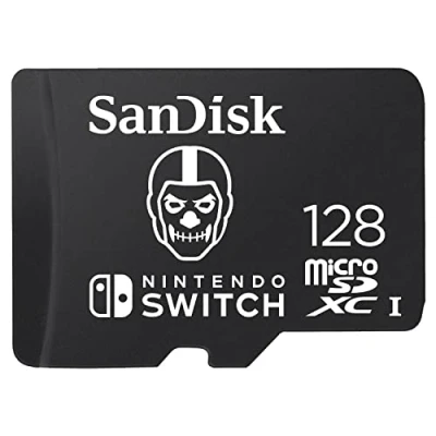 Image of SanDisk 128GB micro SD card for Nintendo Switch consoles, Fortnite Skull Trooper edition, up to 100 MB/s, gaming storage, Licensed Product, UHS I, Class 10, U3,