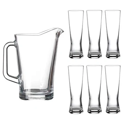 Image of Lucente 7PC Durable Everyday Clear Drinking Glass &amp; Pitcher Jug Set of 6 Weizen Style Beer Soft Drink Glasses 300ml 1.8L 1.8 Litre Jug.