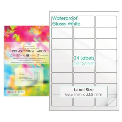 Image of 10 Sheets A4 Glossy Vinyl (PVC) White Precut Waterproof Multipurpose Label Self Adhesive Multi Sticker Labels Inkjet Printable (3 x 8 (24 per Sheet))