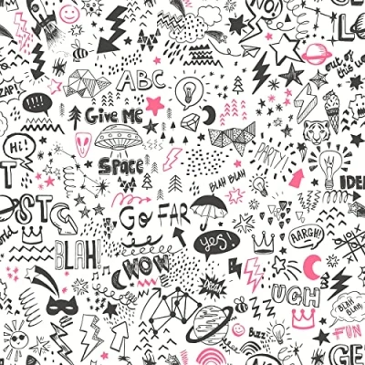 Image of Doodle White/Neon Pink Kids Bedroom Wallpaper (13340)