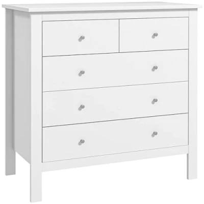 Image of HOMCOM Modern Chest of Drawers, 5 Drawer Storage Cabinet with Metal Handles and Runners for Bedroom, White