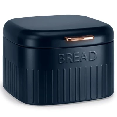 Image of EHC Large Metal Bread Box Bin, Kitchen Storage For Countertop With Hinged Lid, Navy Blue