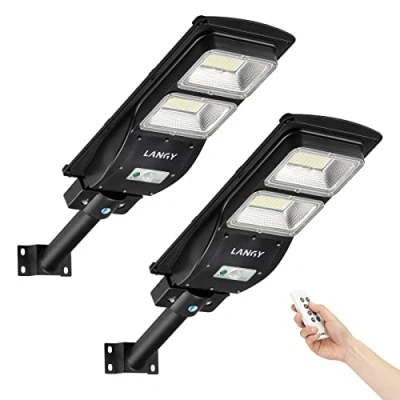 Image of LANGY 2 Pack Solar Street Light 6000 Lumens, Control&amp;PIR Motion Sensor, Dusk to Dawn Security Led for Square,Yard, Garden,Basketball Court (60W 2Pack)