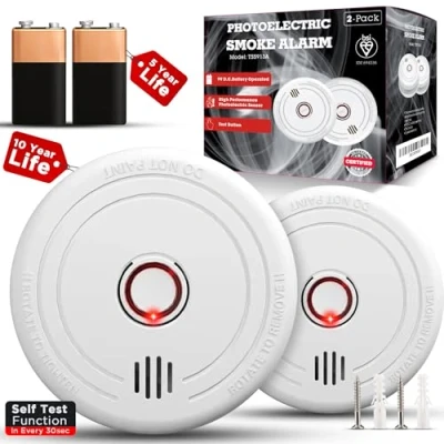 Image of 2Pcs Optical Smoke Alarms For Home With 10 Year Sealed Life Battery, Passed En14064 Standard And Alarm, Detector &amp; Fire (Smoke Alarm 2 Unit)
