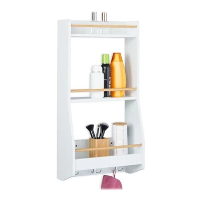 Image of Relaxdays Wall Shelf, HxWxD: 75 x 38.5 17.5 cm, 6 Hooks, Slim Shelving, Kitchen &amp; Bathroom, MDF, Bamboo, White/Natural, Metal, Fibreboard