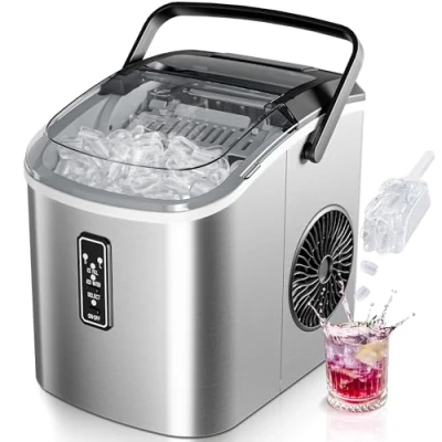 Image of EUHOMY Small Ice Maker Machine Ready in 6 Minutes, Produces 9 Cubes, 12 Kg/Day, Self Cleaning, Portable with Handle, Basket, and Scoop, 2 Cube Sizes for Home, Kitchen, Silver