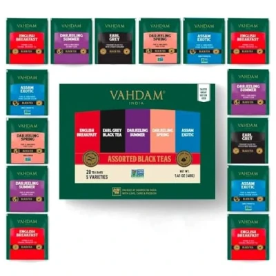 Image of VAHDAM, Assorted Black Tea Sampler Gift Set (5 Flavors, 20 Bags) Gluten Free, Non GMO Variety Pack Long Leaf Pyramid Bags Gifts for Women &amp; Men,