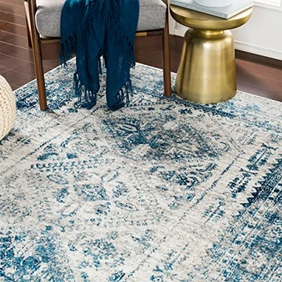 Image of Livabliss Habana Vintage Rug Area Rugs for Living Room 200x274 cm, Bedroom Scandi Neutral Rug, Traditional Patterned Boho Style, Natural Easy Care Pile Large Blue and Grey